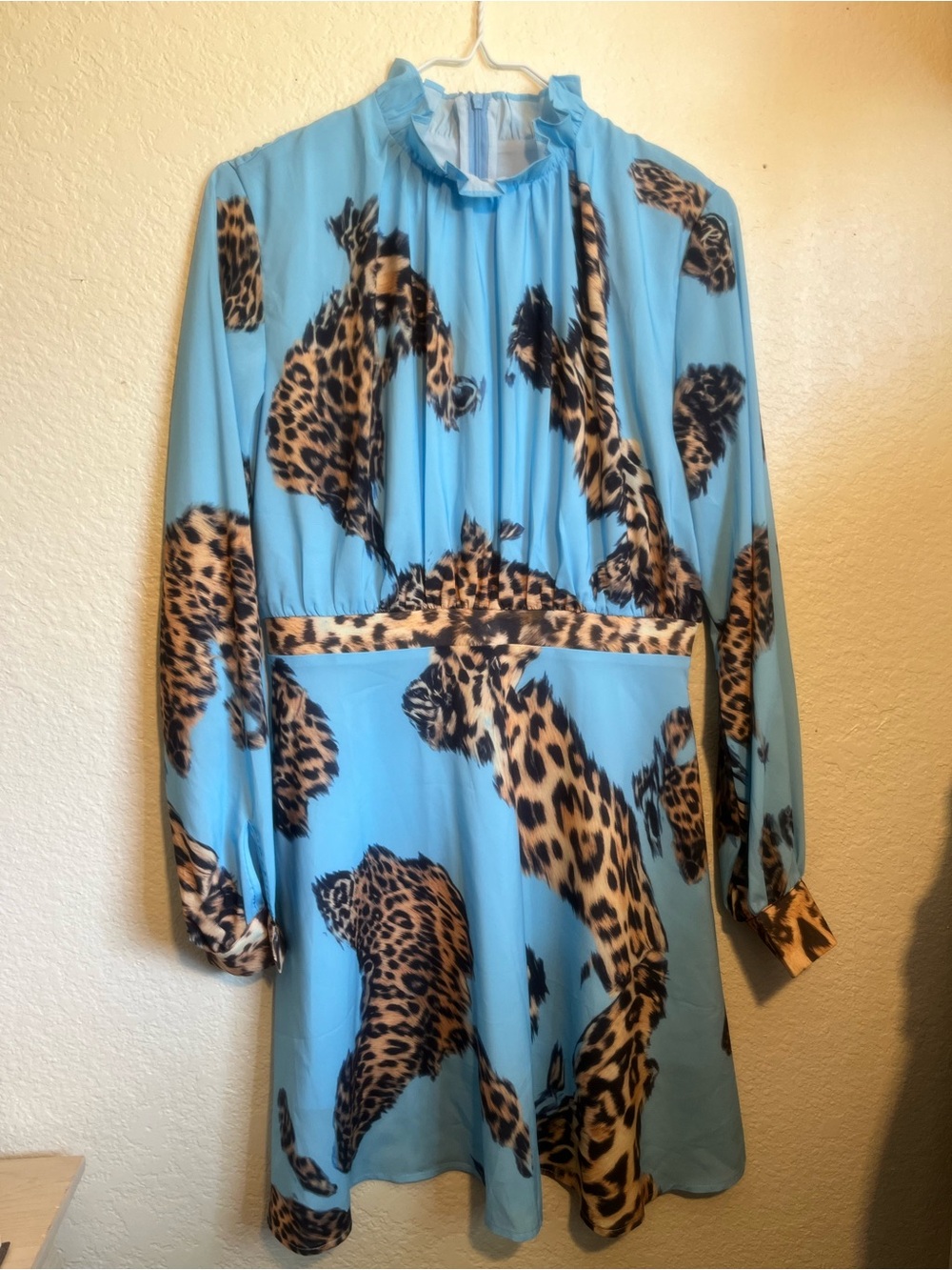 Sky Blue Leopard-Print Ruffle Neck Long Sleeve Casual Dress